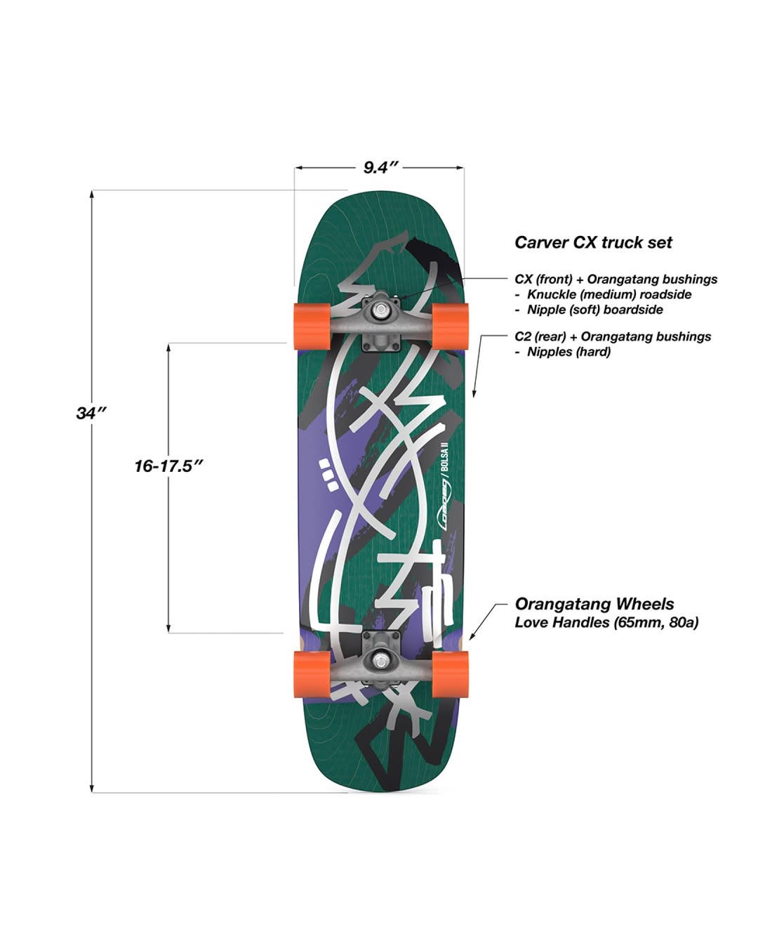 Loaded Bolsa II Jazz — Surfskate Complet 34" | Carver CX + Love Handles 65mm